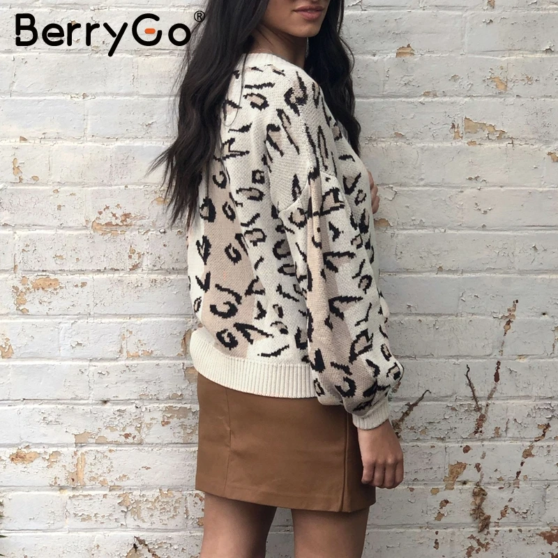 BerryGo Leopard print knitted sweater women Autumn winter female casual pullover V neck lantern sleeve streetwear ladies jumpers | Женская
