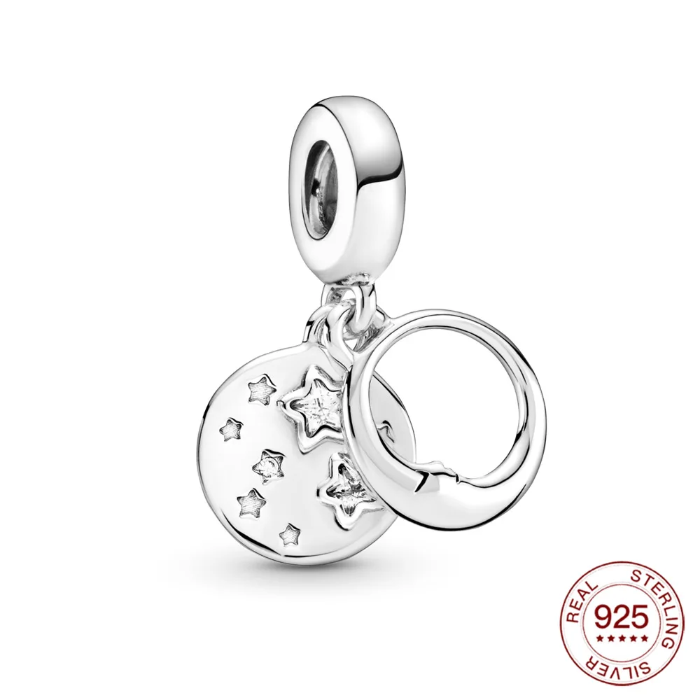 

925 charm silver Sleeping Moon and Stars Dangle Charm pendant Fit Original Pandora Bracelet for women jewelry gift