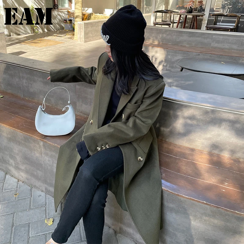 

[EAM] свободное Зеленое Длинное теплое шерстяное пальто большого размера, парки, новая женская мода с длинным рукавом, Осень-зима 2022, 1DE4442