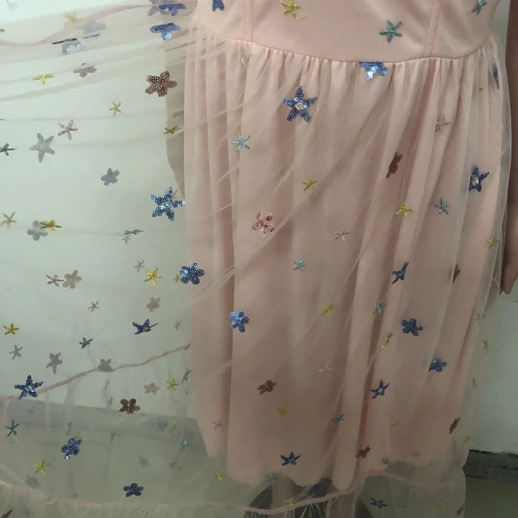 

Fashion Women Casual Sexy Sky Sweet Mesh Yarn V-neck Pleated Long Dress