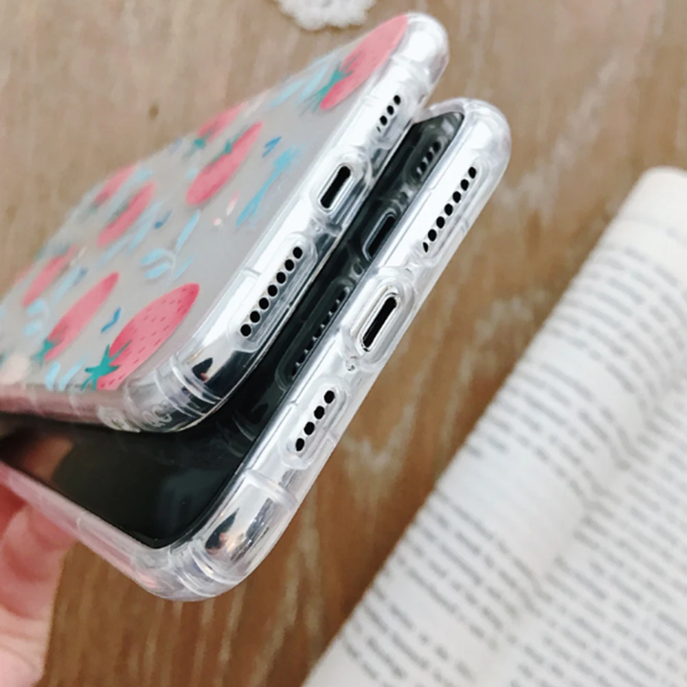 

For iPhone 11 Pro X XS XR Max 6 6S 7 8 Plus TPU Cherry Strawberry Clear Shockproof Four-Corner Bumper Phone Cases Back Cover