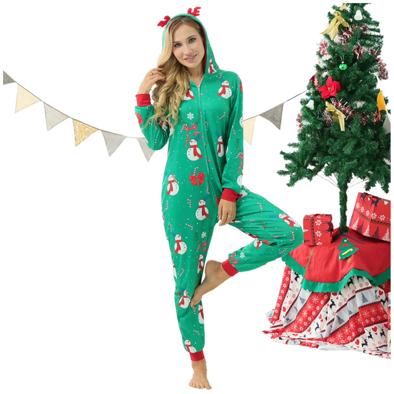 

Family Christmas Outfits One-Piece Pajamas Women Mommy Elk Antlers Hoodies Family Pajamas Sleepwear Night Suit Rompers Pajamas