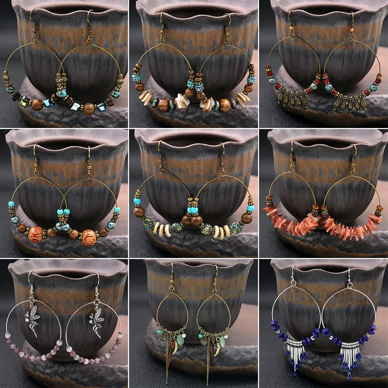 

Vintage Boho Ethnic Angel Colorful Beads Round Drop Earrings for Women Female Fashion 2020 Tassel Coral Hanging Earrings Jewelry