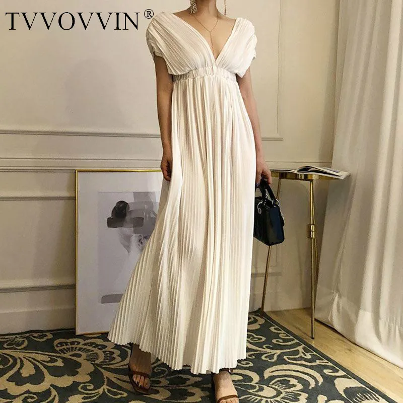 TVVOVVIN, женское платье, v-образный вырез, высокая талия, короткий рукав, винтажное платье, черное, белое, сплошное, плиссированное, длинное платье для женщин, новинка, V341