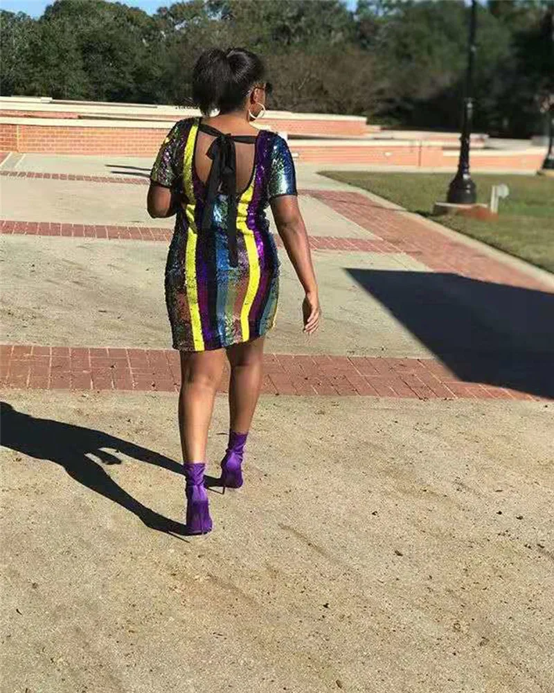 Разноцветное Радужное платье с пайетками женское сексуальное коротким рукавом