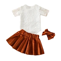 2021 0 24m infant girl clothing set flower lace white solid short sleeve rompervelvet a line skirtheadband summer cute 3pcs