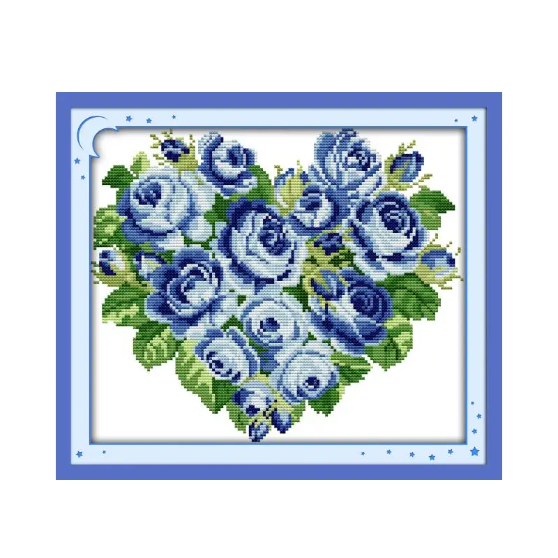 

Rose Heart (5)-Blue cross stitch kit aida 14ct 11ct count print canvas cross stitches needlework embroidery DIY handmade