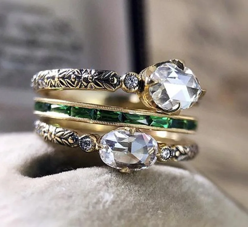 

Retro Gold Plated White Green Zircon Party Rings for Women Cocktail Party Luxury Ring Engagement Wedding Ring Jewelry Gifts