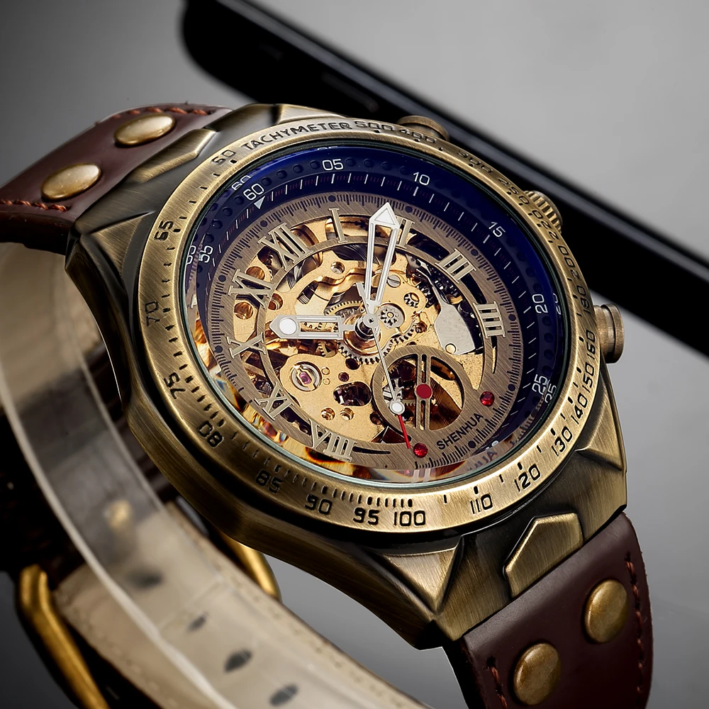 

Men's Brand Retro Bronze Automatic Watch Hollow Carved Skeleton Luxury Relogio Leather Strap Mechanical Wristwatch Dropshipping
