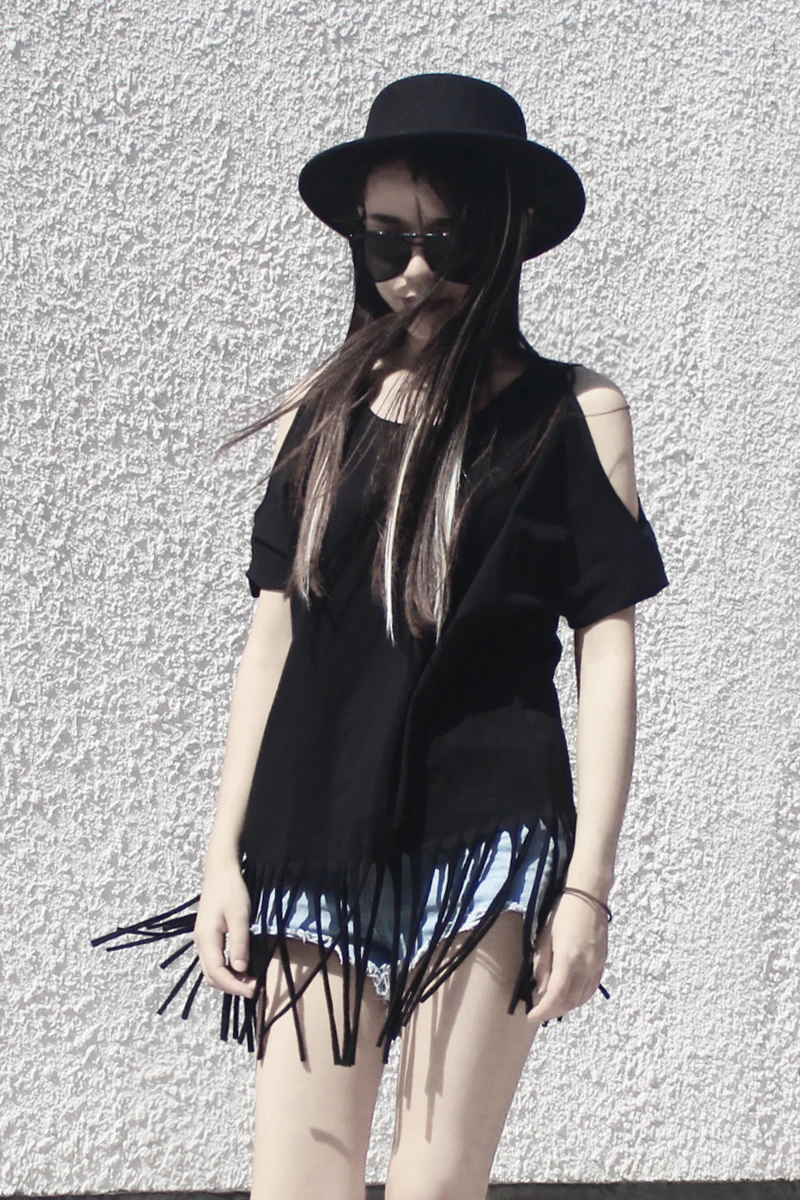 

2021 Summer Korean Gothic Women Cotton Tassel Off Shoulder Batwing Short Sleeve Mid T shirts Fashion Loose Tees Top Streetwear