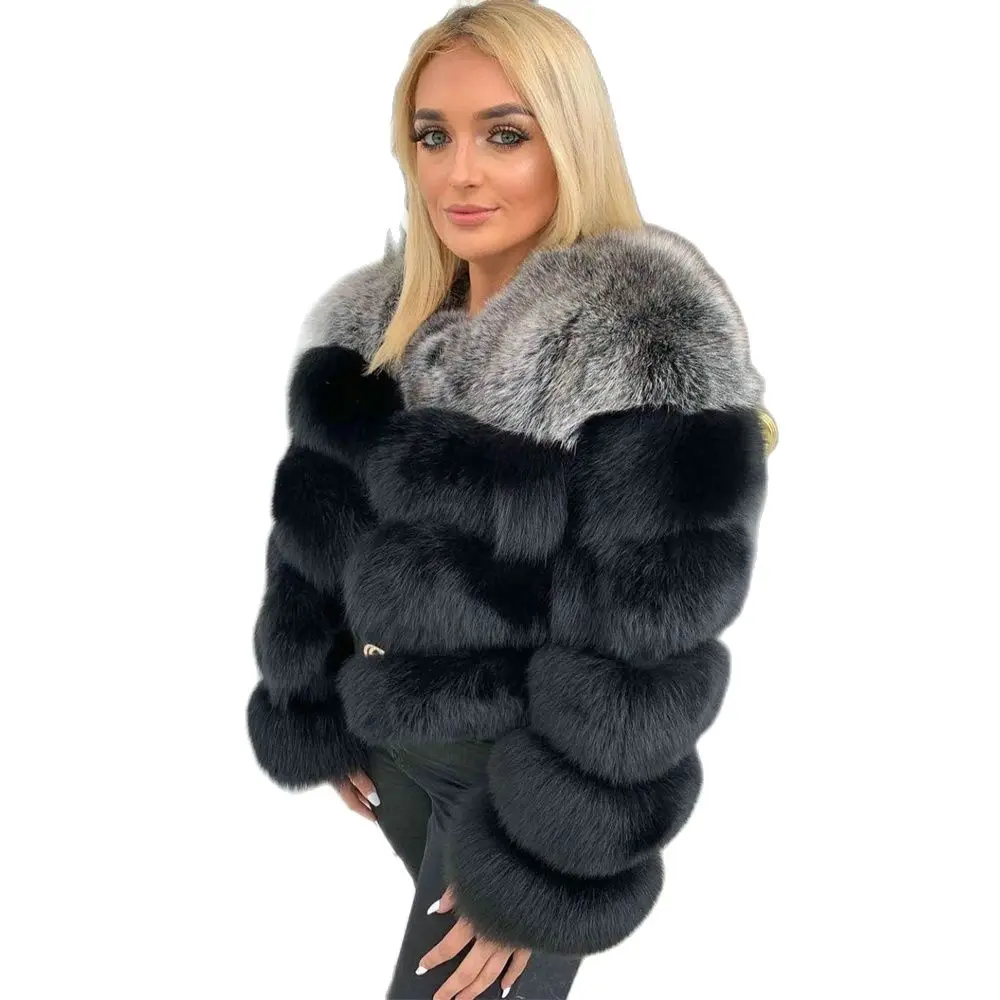 Fashion Women Real Fox Fur Coat Round Collar Color Patchwork Whole Skin Genuine Fox Fur Jacket Female Trendy Fur Overcoat Luxury