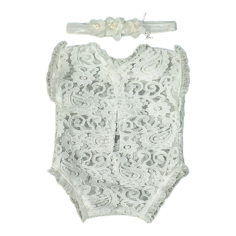 

2 Pcs Newborn Photography Props Lace Headband Romper Kit Infants Photo Shooting Clothing Outfits Baby Headdress Bodysuit Set