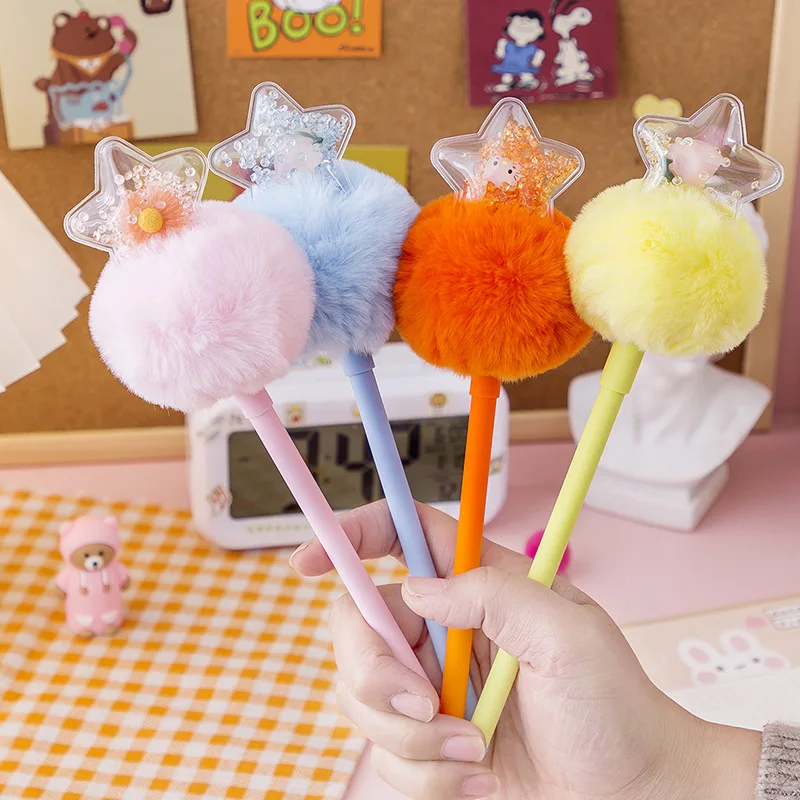 

Kawaii Fluffy Star Gel Pen Cute Pompom Crown Pendant Black Ink Pens For Girls Kids School Stationery Supplies Handle Gift Write