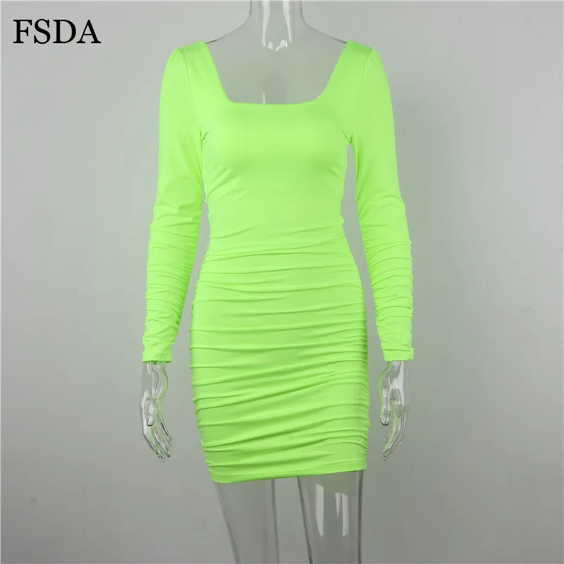 Женское мини платье с рюшами FSDA неоновое облегающее открытой спиной и длинным