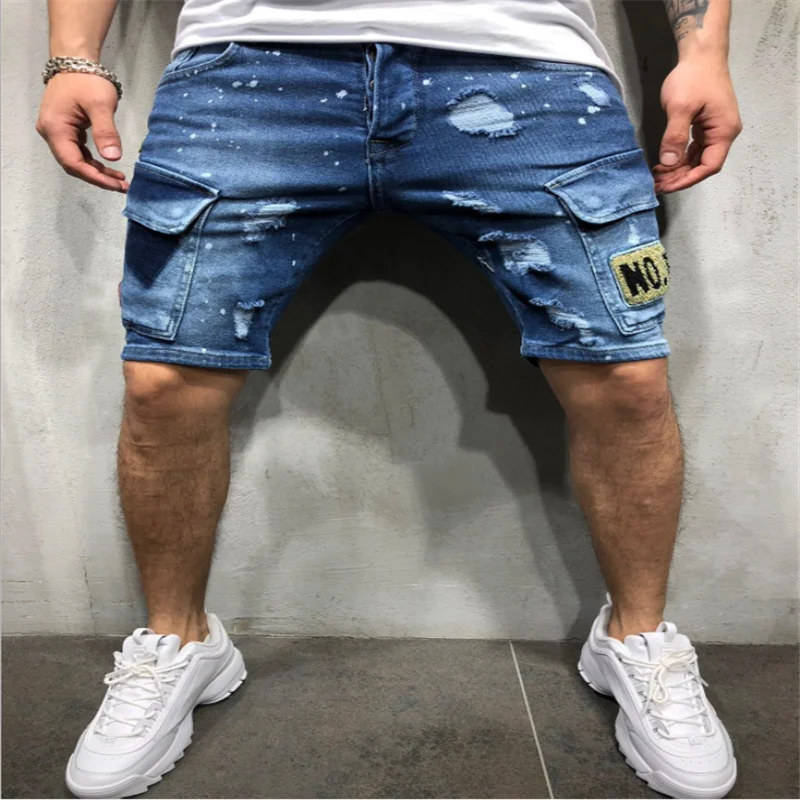 

2 Styles Ripped Summer Men's Embroidered Pocket Denim Shorts Hip-Hop Jogging 5 Cent Shorts Paint Straight Slim White Dot Jeans