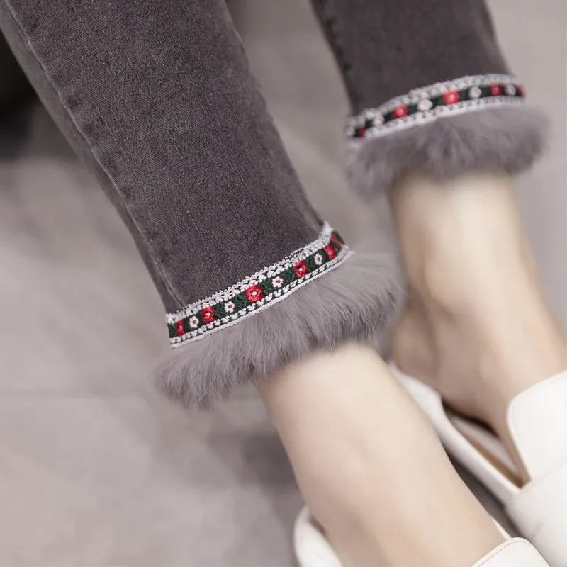

Retro high-waisted jeans 2021 autumn/winter new style plus velvet thickening thin hairy feet pants Korean fashion women's clothi