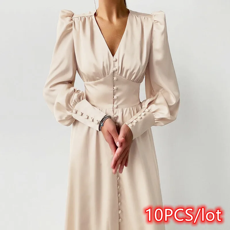 

Женское атласное платье на пуговицах, Элегантное Длинное Платье с V-образным вырезом и рукавами-фонариками, элегантное винтажное платье с в...