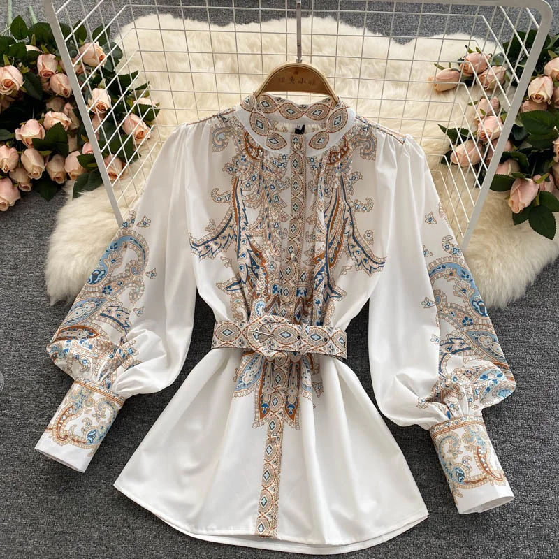 

Women Printing Stand Collar Lantern Sleeve Vintage Shirt Shorts Two Piece Set Fashion Temperament Autumn