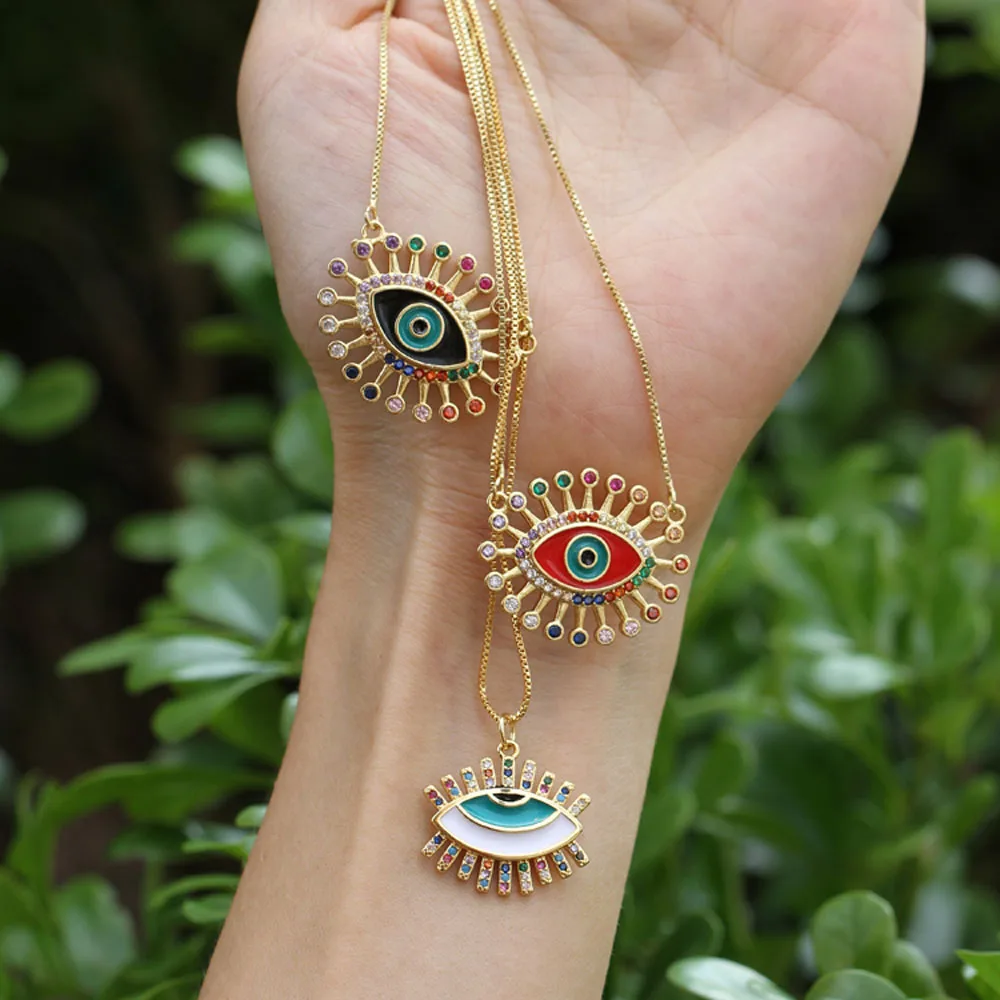 

2019 Fashion link chain women jewelry colorful CZ micro paved metal enamel eyes charm pendant necklaces
