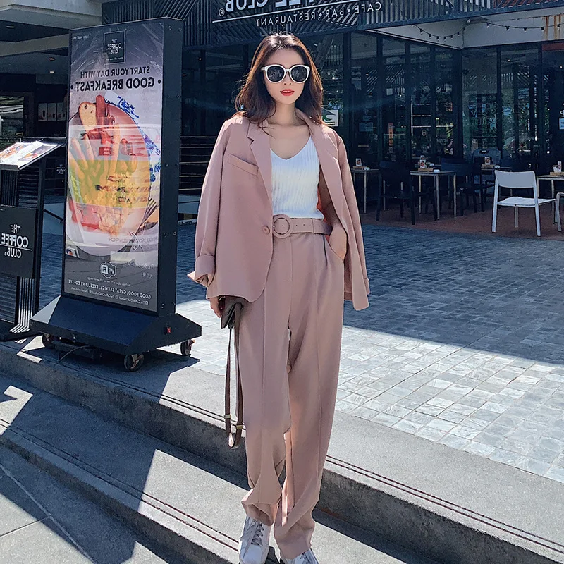 Women's suit 2019 autumn and winter new casual fashion temperament loose wild color single buckle two women's sets |