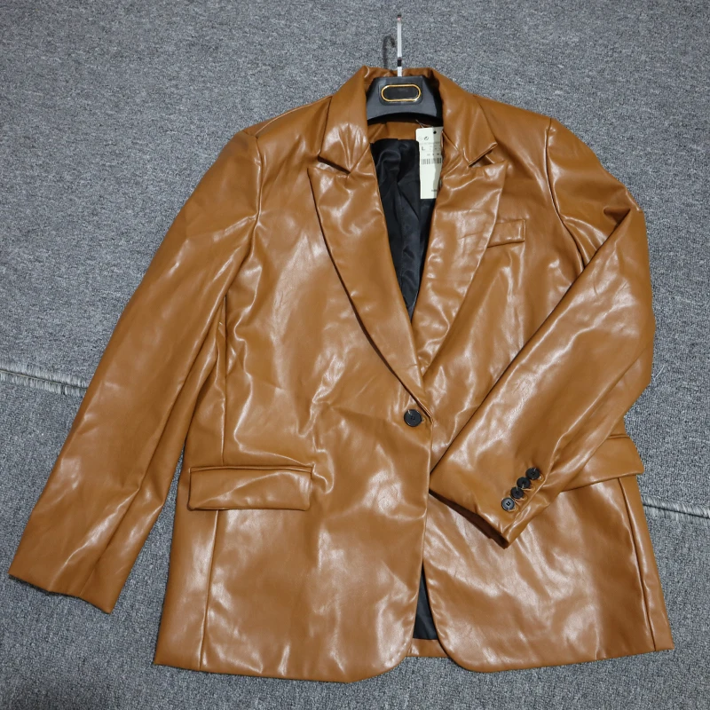 Женский винтажный костюм из искусственной кожи элегантный пиджак и брюки на