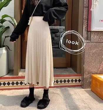 long ivory Осенняя трикотажная юбка с эластичной резинкой на талии, Длинная женская плиссированная юбка в стиле ретро Jupe Longue Falda Larga Gonne'll Saia - Цвет: long ivory