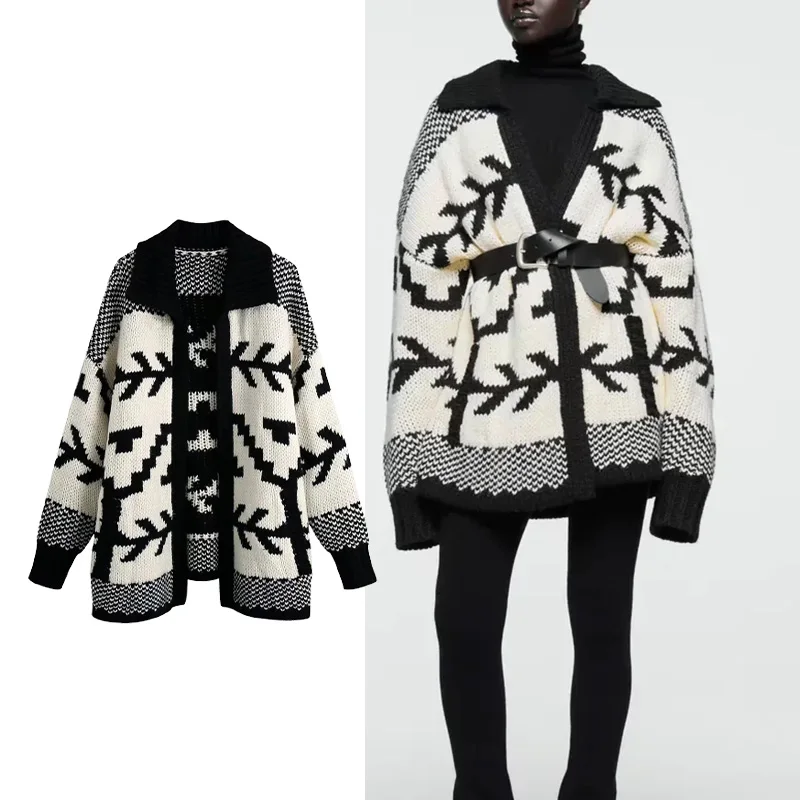 

TRAF 2021 Knitted Cardigan Women New Lapel Jacquard Knitting Sweater Autumn Coat Long Sleeve Cardigans Tops