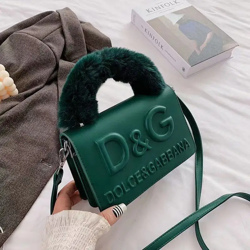 

New woman handbag creasing three-dimensional letter bag woman plush handle handbag double compartment messenger shoulder bag