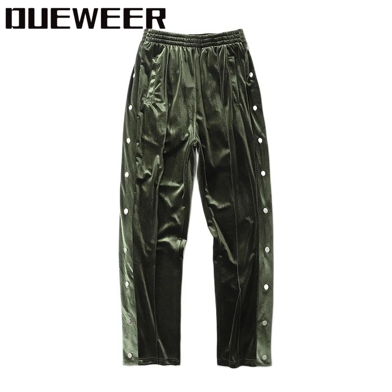 

Мужские бархатные спортивные штаны Dueweer, зеленые армейские штаны с боковыми пуговицами в стиле хип-хоп, велюровые джоггеры, 2021