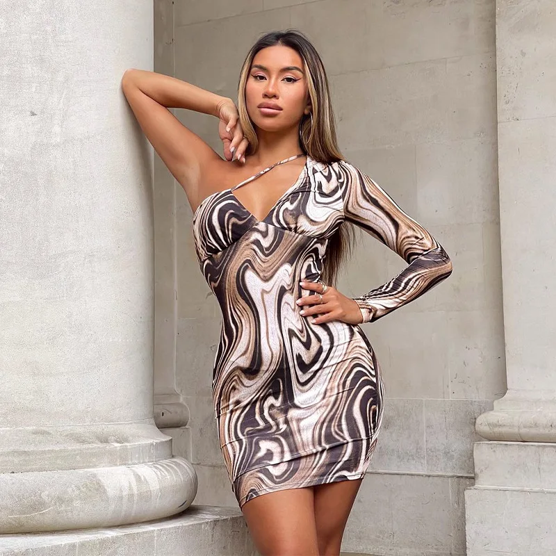 

Paisley Print Sexy Women Dress Party Clubwear 2021 Off Shoulder One Long Sleeve Low Cut Pencil Dress Female Vestidos