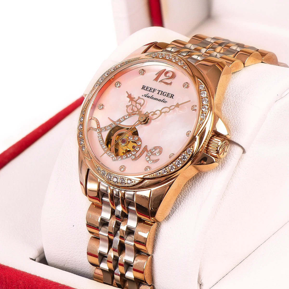 Reef Tiger/RT Luxury Automatic Flower Diamond Women Watch Rose Gold Waterproof Steel Bracelet Mechanical Gift Clock RGA1583