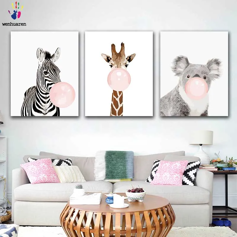 

DIY Coloring paint by numbers Animal blowing pink bubbles figure paintings by numbers with kits 40x50 framed decor three pieces