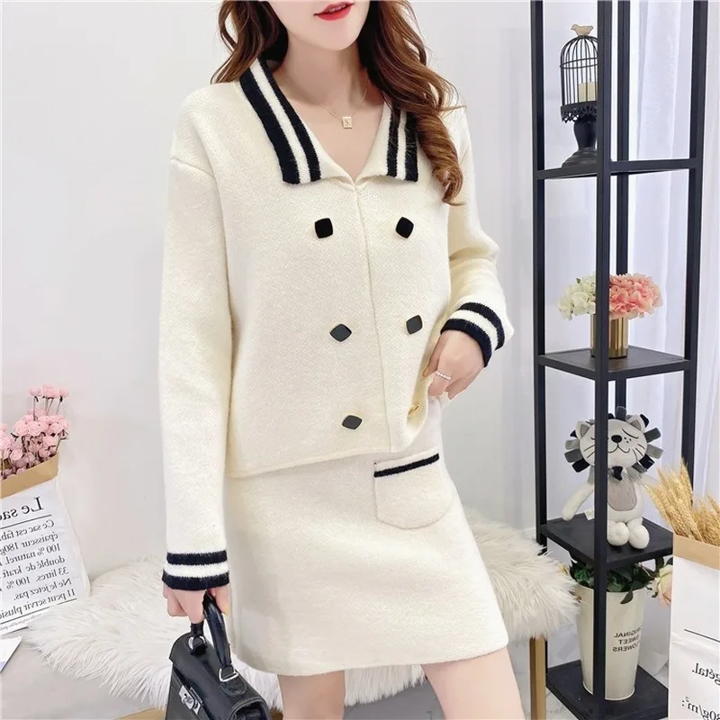 

Autumn New Korean Style Short Little Fragrance Suit Women Temperament Age-reducing Splicing Sweater Bag Hip Skirt Two-piece Set