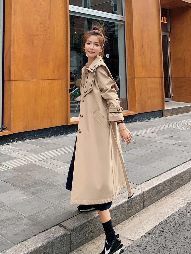 

High-end Retro Long Casacos Femininos Windbreaker 2021 Spring Autumn New Korean Style Loose Temperament Waist Long Trench Coat
