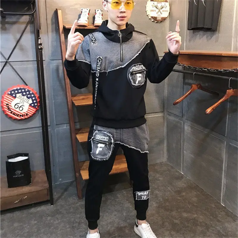 

2021 new Fall/Winter Long Sleeve Pants Stitching Denim Suit Women's Hooded Loose Fleece-Lined Couple Casual Denim Suit Men