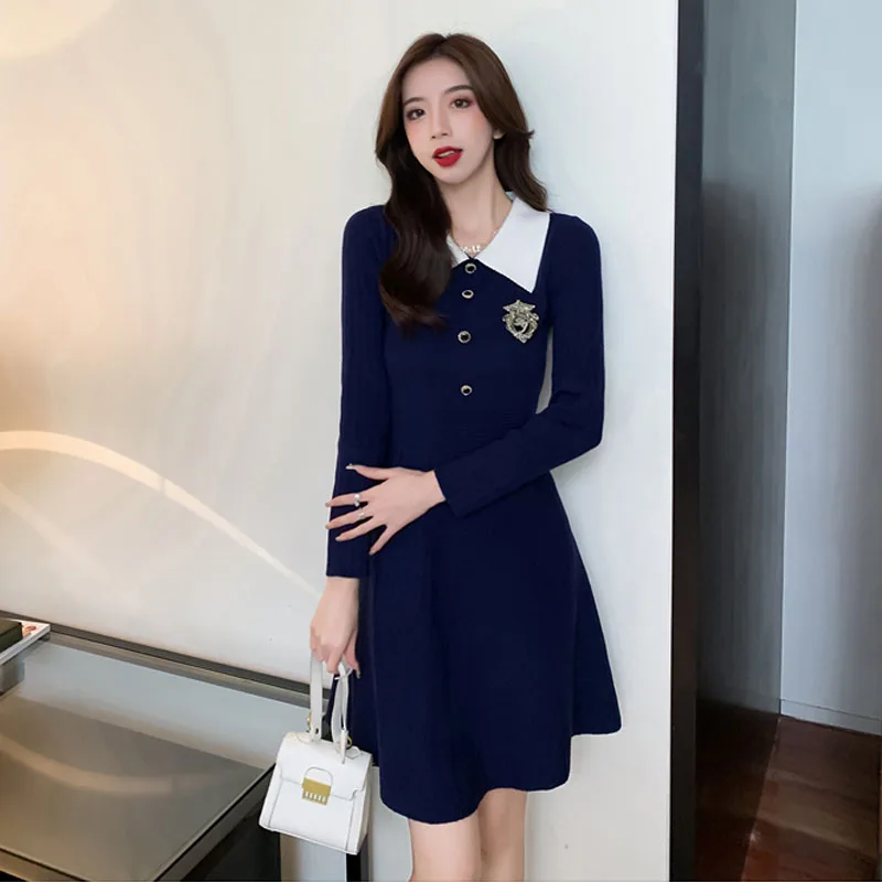 

Vestidos Korean Preppy Style Knitting Long Sleeve Women Dress 2021 Autumn Winter New Slim Fashion Temperament High Waist Dress