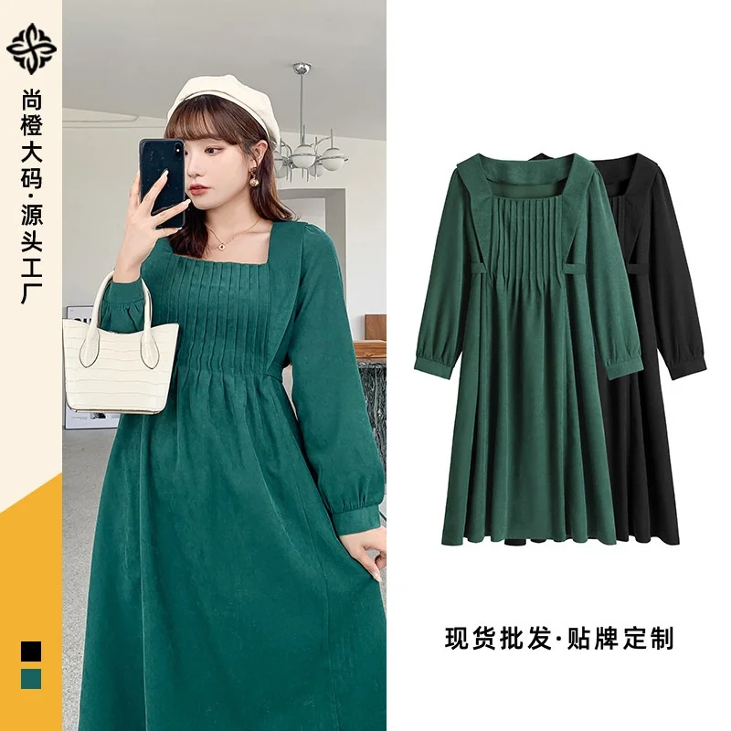 2021 New Autumn And Winter Plus Size 50-100KG Women Long Sleeve dress square-cut collar straps Dress cut and sew dress