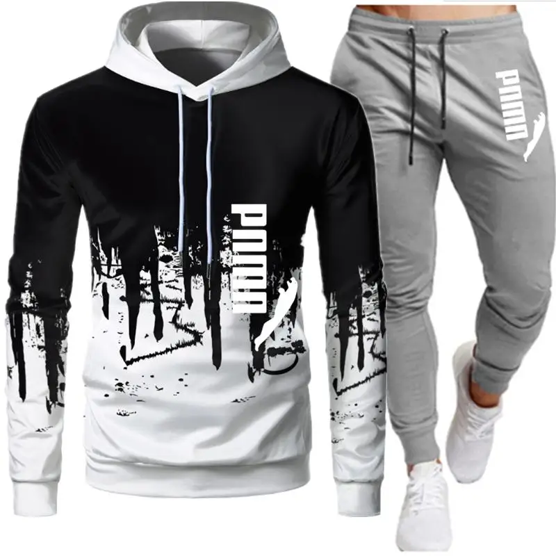 

Men's Trendy Brand 2021 Splash Ink Sweater Two-Piece Hooded Printing Casual Wear Suit Autumn And Winter