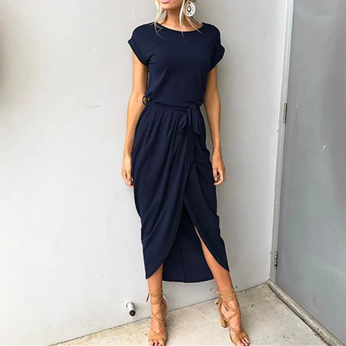 dark blue short Весенне-осеннее женское платье однотонного размера плюс, женское длинное платье с коротким рукавом, необычные летние повседневные платья макси для девушек CLD719 - Цвет: dark blue short