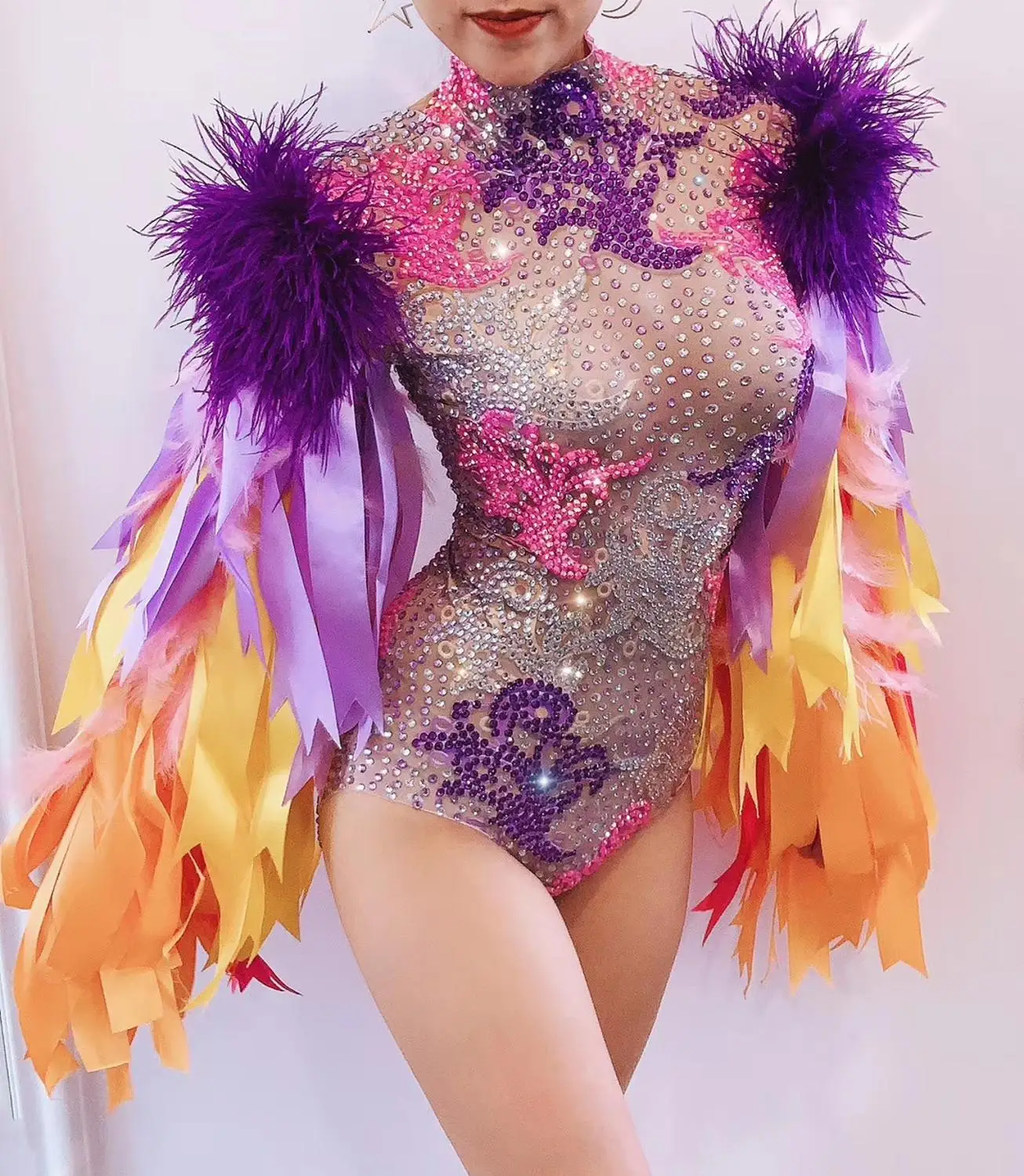 Christia Bella Multicolour Feathers Stage Costumes Women Nightclub Rhinestones Bodysuits Dancer Wear Performance Outfits
