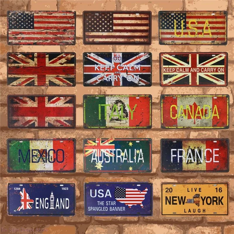 

Country Flag License Metal Tin Sign Route 66 Art Poster Shabby Plaque Iron Poster Pub Wall Stickers