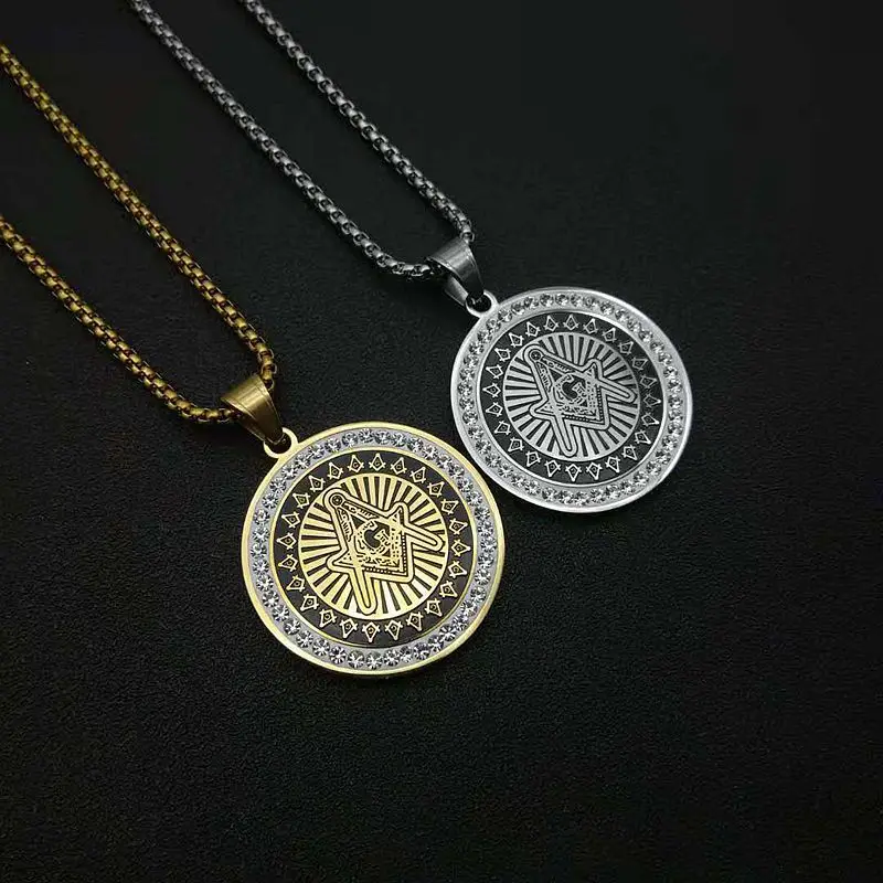 

Hip Hop Iced Out AG Sign Pendant Necklace Gold/Silver Color Stainless Steel Round Masonic Chain For Men Jewelry Dropshipping
