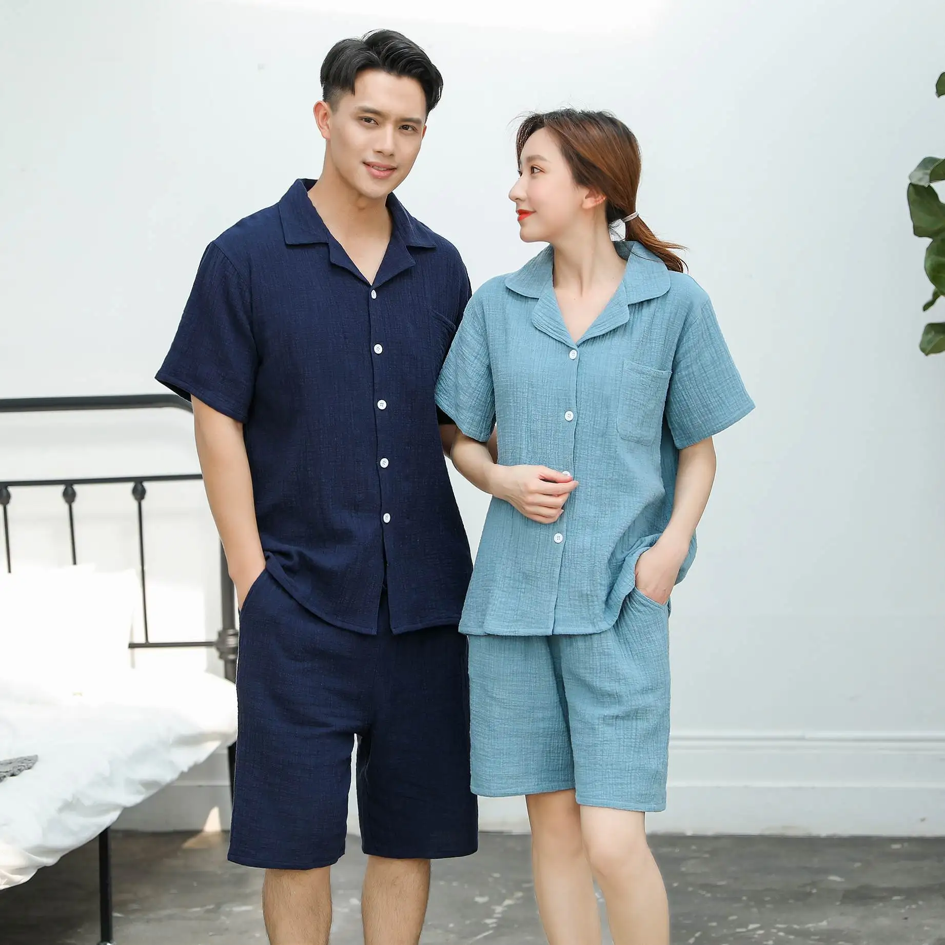 

100% Cotton Couple Home Sets 2 Pcs Top And Shorts Couple Nightwear 21-517