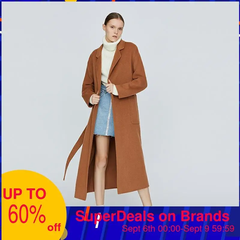 Женское длинное пальто с отложным воротником и регулируемым поясом | Женская