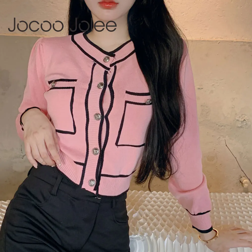 

Elegant Sweater Cardigan Women 2021 Autumn Single Breasted Knitted Jacket Elegant Slim Knitted Outwear Hit Color Cropped Tops