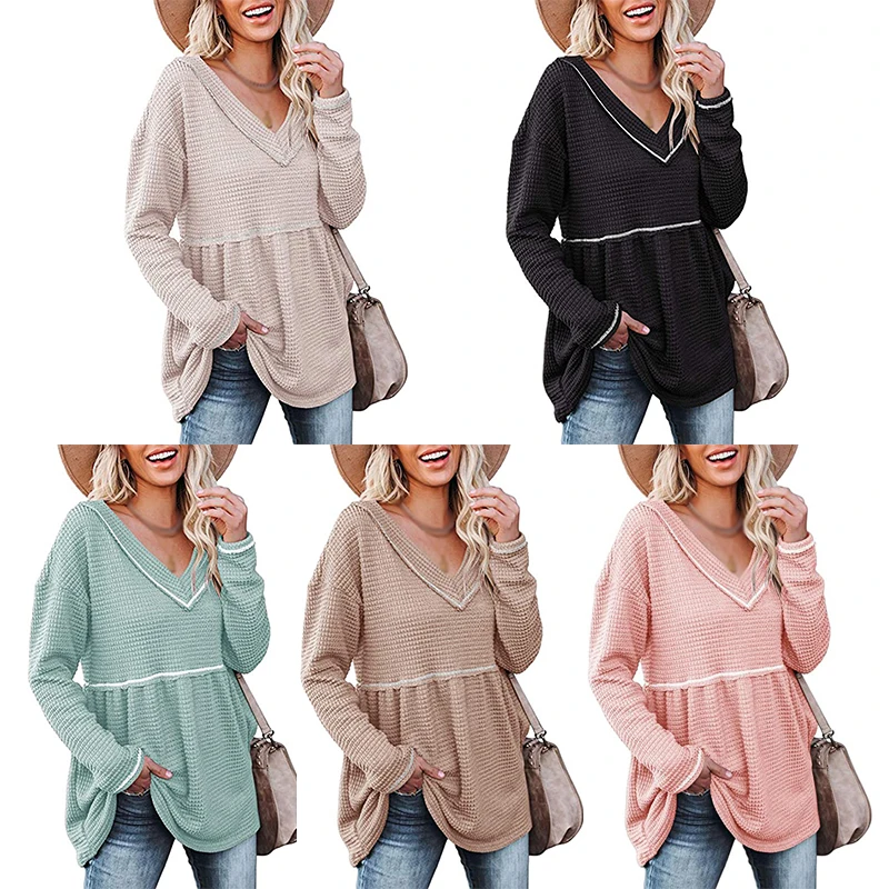 

Women's Sweater Dress V Neck Waffle Long Sleeve Patchwork Pullover Tunic Pleated Loose Swing Dress