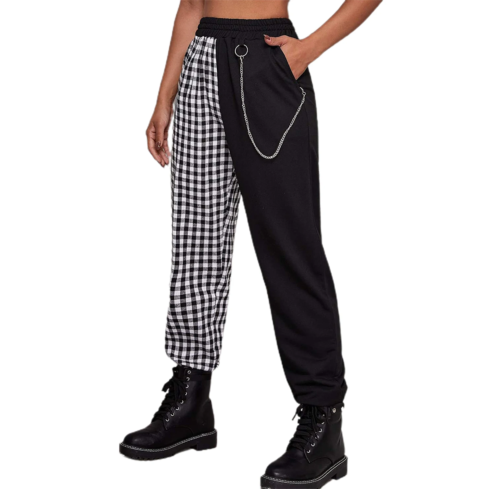 Новые женские повседневные штаны в клетку шотландскую с высокой посадкой