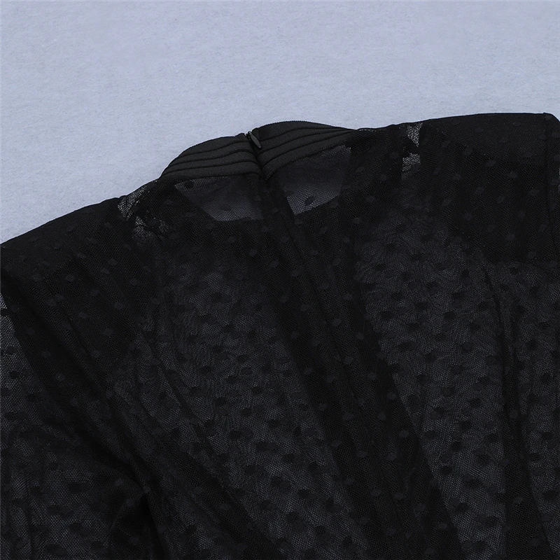 

Black Rayon Bandage Dress Wave Point Long Sleeve Lace Hollow Out Mid-Calf Bodycon Women Dress Evening Party Dress