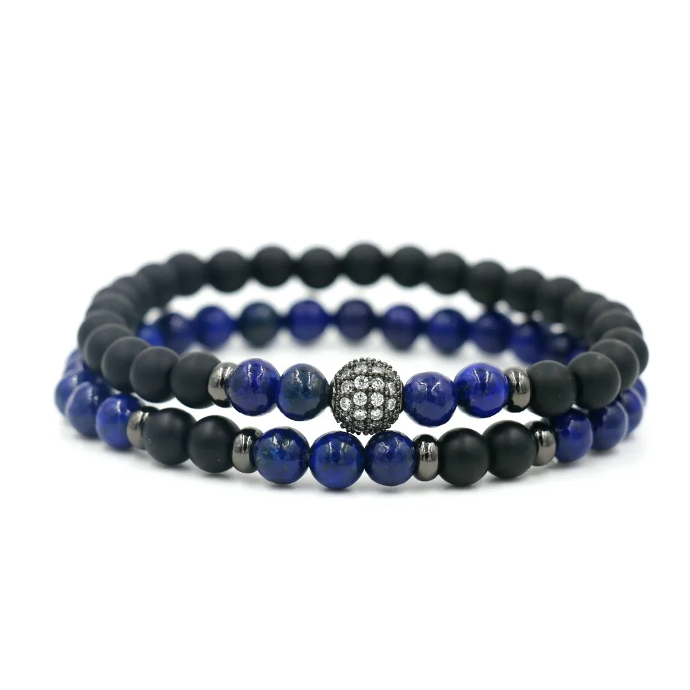 2Pcs/Set Natural Lapis Lazuli Stone 6 mm Beaded Strand White Zircon Ball Bracelets For Men Women Yoga Jewelry | Украшения и
