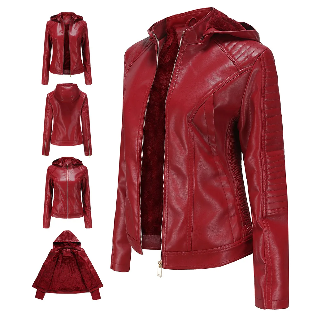 CGC 2021 осенняя куртка из искусственной кожи с капюшоном, Женская Повседневная Уличная одежда, короткие мотоциклетные куртки, пальто с отложн... от AliExpress RU&CIS NEW